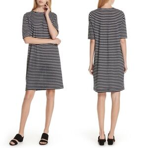 EILEEN FISHER Stripe Organic Linen Knit Shift Dress in Black White